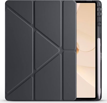 Lenovo Idea Tab Pro 12,7 inç 2025 (TB-373FU/ TB-375FC) ile Uyumlu Kılıf Üçgen Tri Folding Kalem Bölmeli Standlı Kılıfı (Siyah)