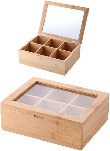 Bambu 6 Bölmeli Çay Kutusu -%100 Orjinal Bambu Mıknatıslı Kapak 21x16,5 x7cm