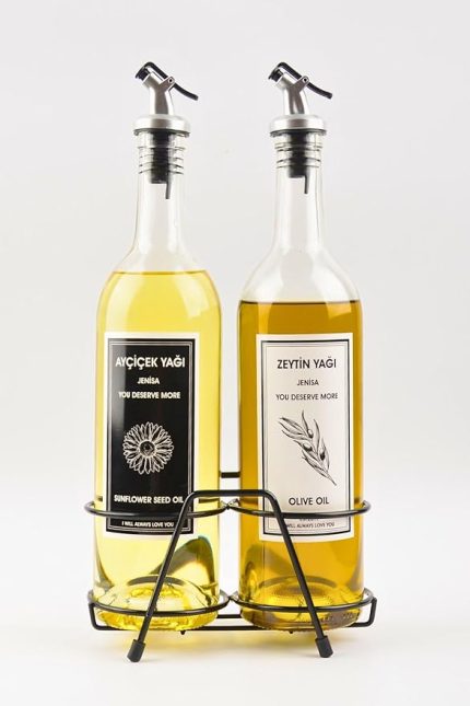 750 Ml Siyah Beyaz Etiketli Siyah Standlı Akıtıcılı Yağlık Yağdanlık