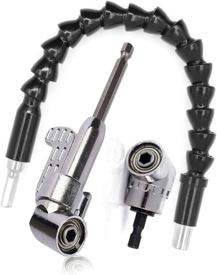 Akülü tornavida adaptörü için 2 adet 105° açılı başlık, manyetik matkap tutuculu tornavida, 2 adet esnek matkap uzatma mili, uzatma ucu, akülü tornavida için açılı başlık