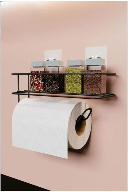 Home Yapışkanlı Metal Raf – Kağıt Havlu Askılı Duvar Tipi Baharatlık ve Şampuanlık, Banyo ve Mutfak İçin Uygun, Delmeden Yapıştırmalı Metal Askılı Organizer Raf