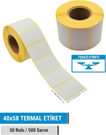 Etiketi | 30'lu Rulo Paket | 40x58 mm Termal Barkod Etiketi | 500 Sarım | Yüksek Kalite | Hızlı Baskı | Dayanıklı | Ekonomik | Perakende ve Market Kullanımı | Kolay Yapışma | Net Yazdırılabilir