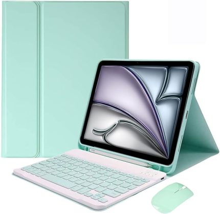 Klavye kılıfı, iPad Air 11 inç (7. / 6. Nesil M3/M2 2025/2024), iPad Air 5. / 4. Nesil (10,9 inç 2022/2020), manyetik çıkarılabilir Alman QWERTZ klavye, kalem tutuculu ve fareli, nane yeşili