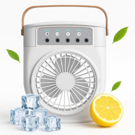 Şarjlı Mini Buharlı Hava Soğutucu, Taşınabilir Portatif Mobil Sulu Klima, 3 Rüzgar Hızı, 3 Sis Modu, Buzlu Vantilatör 5 Sprey Delikli ile LED Işıklı 26cm x 20cm - CRV-002 (CRV-002 - Beyaz)