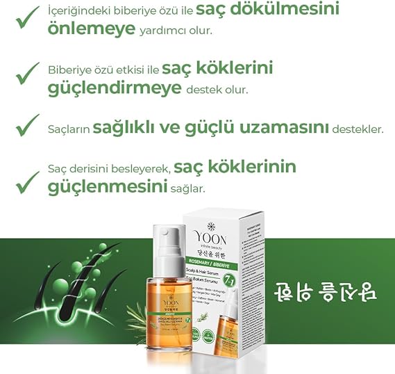 Vegan Biberiye Saç Bakım Serumu - Saç Dökülme Karşıtı, Hızlı Saç Uzatan, Sülfat, Paraben ve Silikon İçermeyen, 7 Doğal Aktif İçerikli, Besleyici ve Güçlendirici Saç ve Saç Derisi Serumu 50ml - Görsel 3