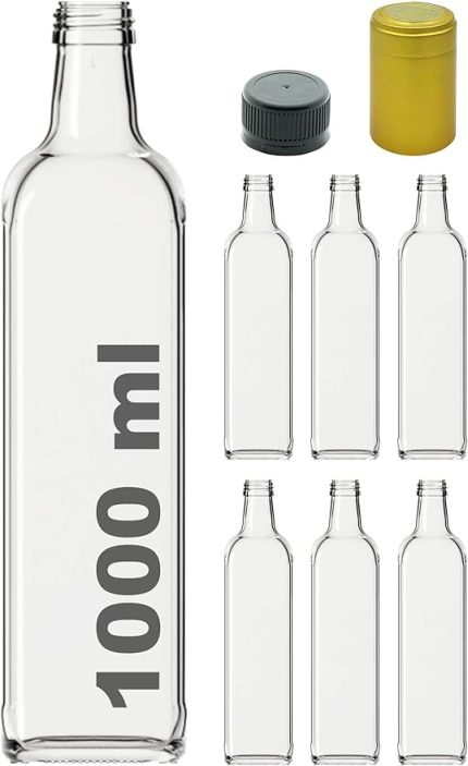 Maraska Şeffaf 1000 ml Kilitli Kapaklı ve Kapüşonlu Boş Cam Şişe 6 Adet