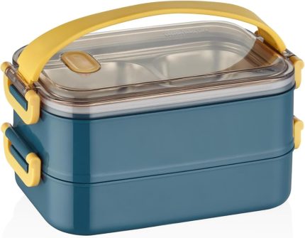 Bento Lunch Box Ofis-Okul İçin Yeni Nesil Sefer Tası 2 kat Taşıma Kulplu Çelik FF367 Lacivert