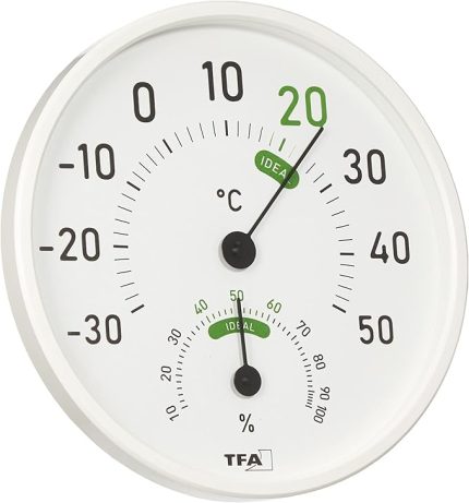 Dostmann Analog termal higrometre, 45.2045.02, iç ve dış mekan için, renkli konfor bölgeleri, beyaz, U 130 x G 20 x Y 165 mm