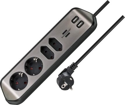 Estilo Mutfak ve Ofis Için Çelik Yüzeyli Köşeli 4 Soketli 2 USB Li 2 mt Uzatma Kablo