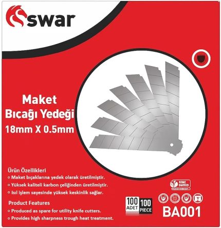 Bıçağı Yedeği, 18 mm x 0,5 mm, Karbon Çelik, Ultra Keskin, Dayanıklı Uç, 7 Kırımlı, Endüstriyel Kesici Bıçak, Yedek Parça, İnce Detay Kesim (Kutulu, Adet, 100)
