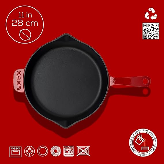 Metal Döküm Kızartma Tavası, 28 Cm, Kırmızı/Siyah - Görsel 5