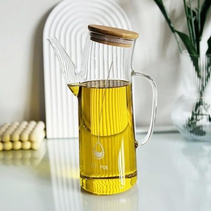 Bambu Kapklı Borosilikat Cam Yağlık & Sirkelik – 1 Litre | Isıya Dayanıklı & Sızdırmaz Tasarım | Bambu Kapaklı Şeffaf Cam Yağdanlık – 1000ml