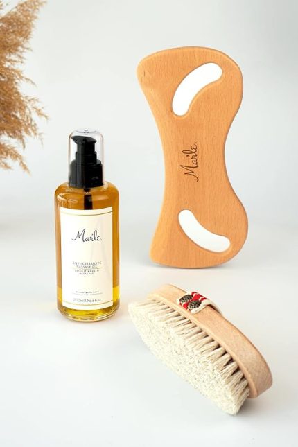 Doğal At Kılı Fırçası + Selülit Karşıtı Masaj Yağı 200 ML + Selülit Giderici Ahşap Masaj Aleti