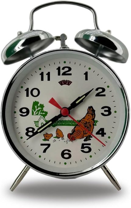 Kurmalı Çift Çanlı Çalar Saat Tavuk ve Çiftlik Desenli Nostalji Masaüstü Saat 11x11x6 cm Ebatlarında Dekoratif Yatak Odası Çocuk ve Genç Odası İçin