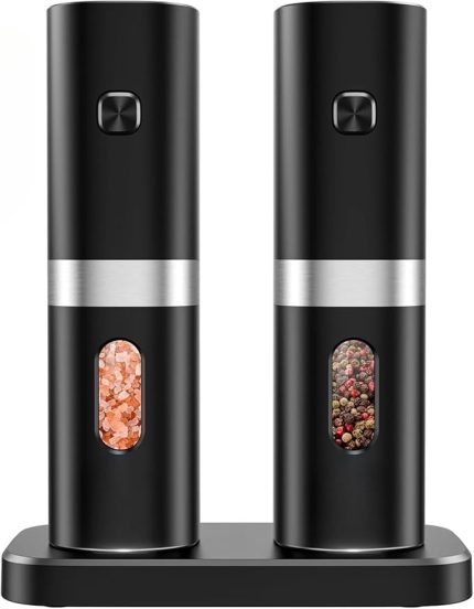 Standlı Tuz Karabiber Değirmeni - 5 Kademe Öğütme Ayarı, LED Işıklı Tasarım, Standlı Kullanım, Tek Elle Otomatik Çalışma, Otomatik Tuz Karabiber Kahve Baharat Öğütücü