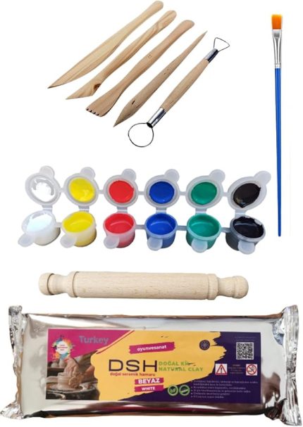 Doğal Seramik Hamuru Seramik Hamuru Başlangıç Seti 3-6lı Boya 5li Ebeşuar Merdane 1000 Gr Beyaz Doğal Kil beyaz