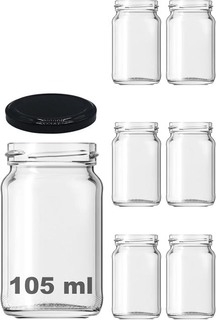 105 ml Metal Siyah Kapaklı 105 cc Şeffaf Konserve Cam Kavanoz 6 Adet