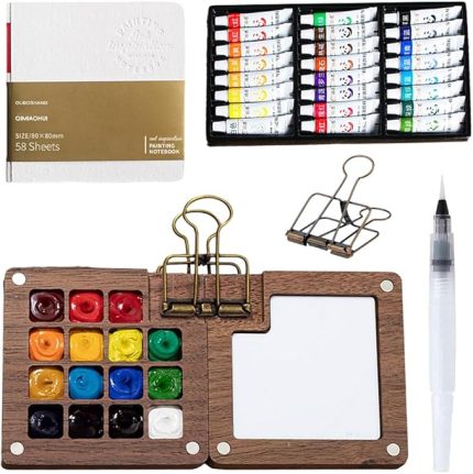 boya seyahat seti, 24 renk, taşınabilir sulu boya paleti, mini sulu boya kutusu, mini sulu boya seyahat seti, eskiz defteri palet seti, ressamlar, sanatçılar, öğrenciler için ahşap sulu boya