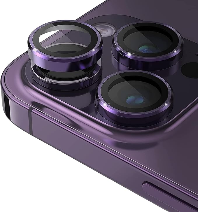 iPhone 15 Pro - 15 Pro Max / 14Pro - 14ProMax Modellerinin Tümüne Uyumlu Alüminyum Alaşım Çerçeveli ve 9H Sertliğinde Temperli Camlı Lens Koruyucu (Mor)