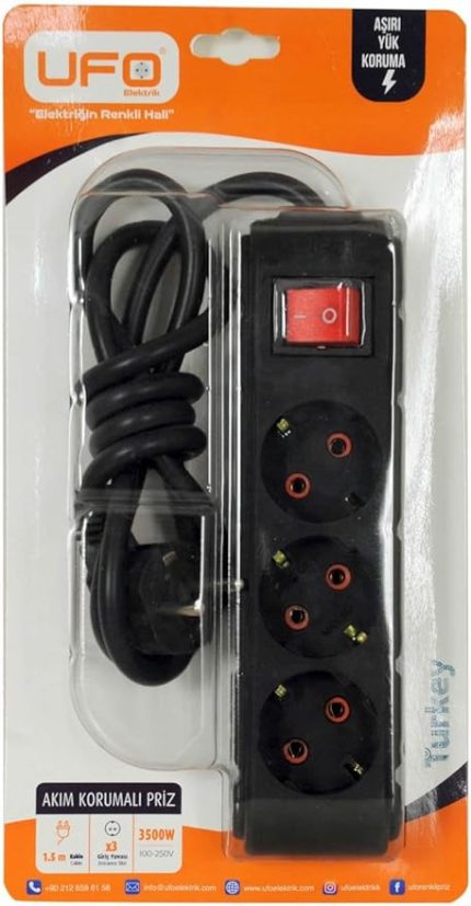 3lü Akım Korumalı Priz 1,5 metre Kablolu Grup Priz, Max 3500W Aşırı Yük Koruması 3lü Uzatma Kablosu Çoklu Priz (Siyah)