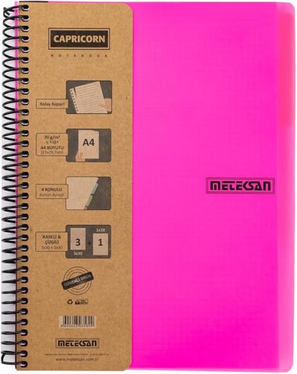 Capricorn Neon Serisi, A4, 7 Konulu (5 Kareli, 2 Çizgili) 210 Yaprak PP Kapaklı Spiralli Defter, Pembe
