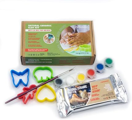 DOĞAL SERAMİK KİL SETİ,BEYAZ 250 GR FIRINLAMAYA GEREK OLMAYAN KİLHAMURU,KALIPLAR,FIRÇA ve 6 BOYA,ŞEKİLLENDİR,KALIPLA,KES,KURUT ve BOYA. MONTESSORİ SINIFLARI İÇİN TOKSİK OLMAYAN DOĞAL KİL KİTİ