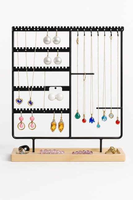Organizeri, Takı Standı Metal Stand ve Ahşap Taban, 35x30x9.5 cm, Küpe Kolye Yüzük Düzenleyici, Siyah