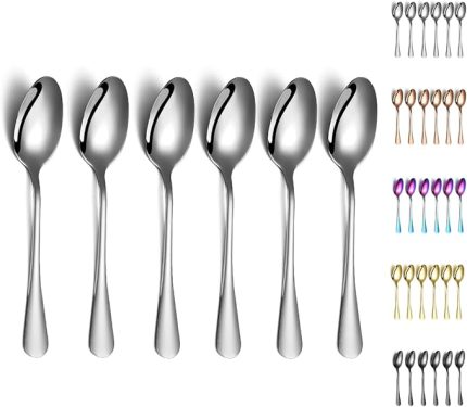 Yemek Kaşığı, 6 Parça 7.5" Paslanmaz Çelik Yemek Kaşığı, Çorba Kaşığı, Tatlı Kaşığı Gümüş Bulaşık Makinesi 6'lı Set