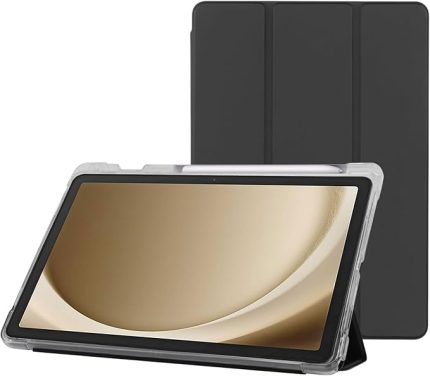 Samsung Galaxy Tab A9+ Plus 11 inç Uyumlu Smart Kılıf, S Pen Kalemlikli, Trifold, Esnek, Mat, Darbeye Tam Dayanıklı Tablet Kılıfı (Siyah)
