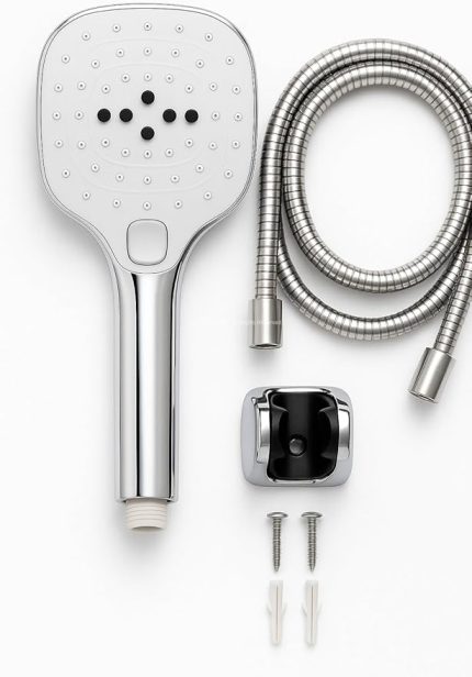 Spiralli Duş Başlığı Seti, 3 Fonksiyonlu Tuşlu Geniş Gövde Krom Duş Başlığı, 150 cm Duş Hortumu, Mafsallı Başlık, Vida ve Dübel Dahil, Su Tasarruflu, Duvara Monte Banyo Takımı