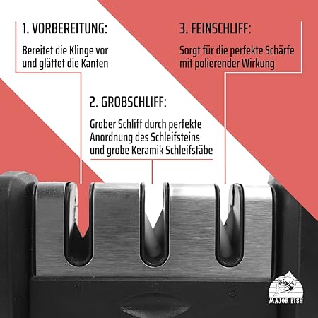 Fish Manuel bıçak bileyici, mutfak bıçağı, 3 kademeli bileyici, kaba bileme ve ince bileme için, tungsten ve seramik - Görsel 4