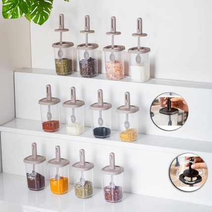 1100 Kaydırmalı Kaşıklı Sızdırmaz Kapaklı Etiketli 12'li Baharatlık Seti Saklama Kabı Şeffaf Cappuccino