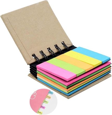 Yapışkan Notlar, Spiral Ciltli 5 Renkli Kağıt Yapışkan Not Seti, Sekmeler Çıkartmalar, Cep Boyu Spiral Yapışkan Not Pedi, Çeşitli Ana Renkler, (125 Yapışkan Not + 125 Renkli Şerit)