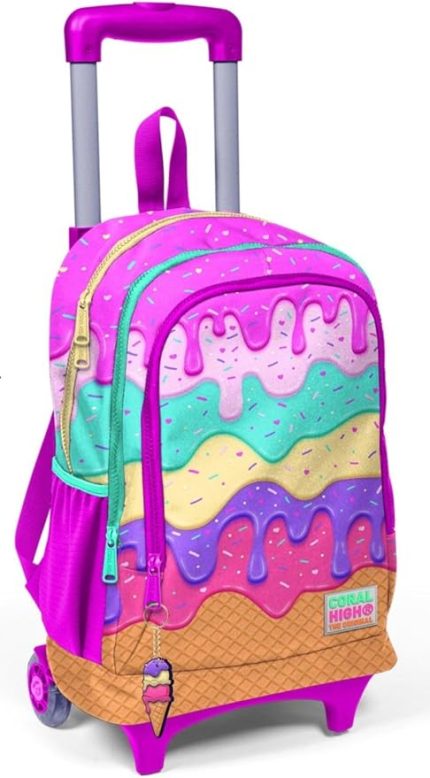 High Işıklı Tekerlekli Dondurma Çekçek Okul ve Seyahat Çantası Kız Çocuk Rengarenk