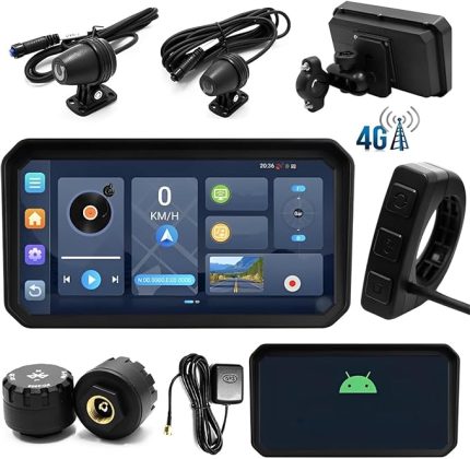 6 inç Motosiklet Dokunmatik Ekran Çift Kameralı Araç Kamerası Android 12 Wifi, Lastik Basıncı İzleme Sistemi ile Kablosuz CarPlay ve Android Auto Hız Göstergesini Destekler, 4+64G