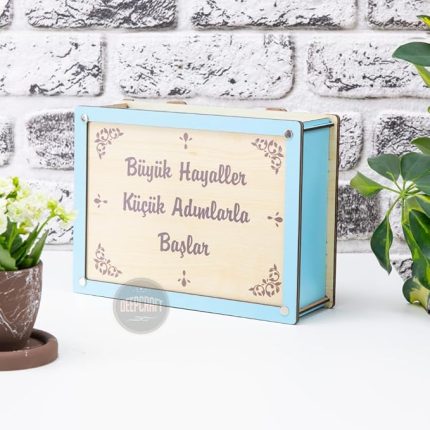 Deep Creative Parabox Hedef Kumbarası Mavi Krem Rengi Ahşap Kilitli