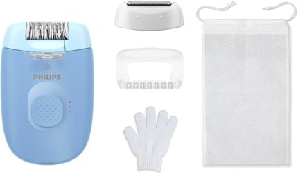 Epilasyon Cihazı, Taşınabilir Kompakt Tasarım, LED Işıklı Yıkanabilir Başlık, Masaj ve Tıraş Başlığı, Peeling Eldiveni Hediyeli, 4 Haftaya Kadar Pürüzsüzlük, Açık Mavi Renk, BRE247/05
