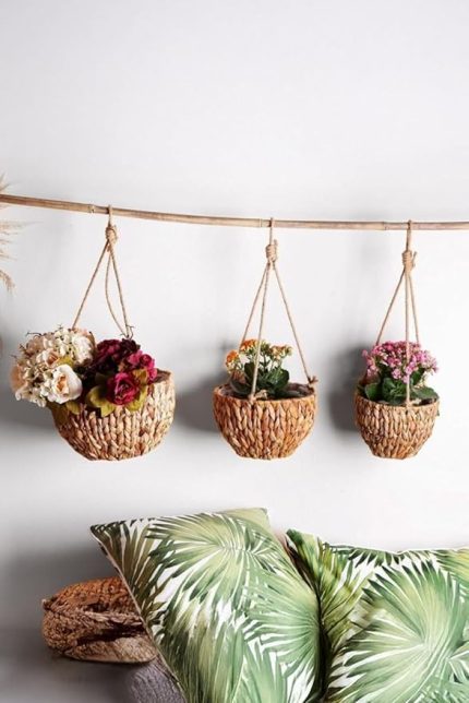 3'lü Asılabilir El Yapımı ve Doğal Yuvarlak Hasır Saksılık Seti, 3'lü Hasır Yuvarlak Saksı Seti