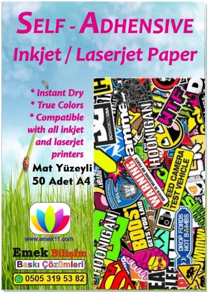 Ve Laser Uyumlu Sticker Güçlü Yapışkanlı 50 Adet A4 Etiket Kağıdı MAT YÜZEYLİ 120gsm