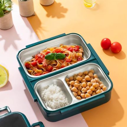 1392 Çelik Isı Yalıtımlı 3 Bölmeli Yemek Termosu Beslenme Kutusu Lunchbox Sefer Tası - Yeşil