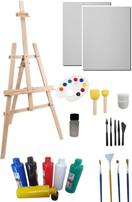 Doğal Seramik Hamuru Resim Başlangıç Seti -Büyük Şövale (şövalye), 2 Tuval (tual seti), Ressam Resim Seti karışık