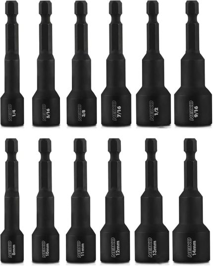 10250A Manyetik Altıgen Somun Anahtarı Master Kit, Cr-V Çelik, 6,35 mm Hızlı Değiştirme Altıgen Şaft, SAE ve Metrik, 12 Parçalı Set