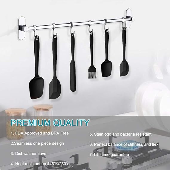 Silikon mutfak yardımcısı, 6 adet silikon spatula, çorba kaşığı, fırın fırçası, spatula, ısıya dayanıklı ve yapışmaz, paslanmaz çelik ve dikişsiz tek parça tasarım (siyah) - Görsel 4