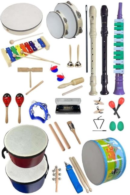 Örf Aletleri Seti Overmuch Paket-1 Marakas Zil Üçgen Ksilofon Melodika Mızıka Davul Flüt (26 Parça)