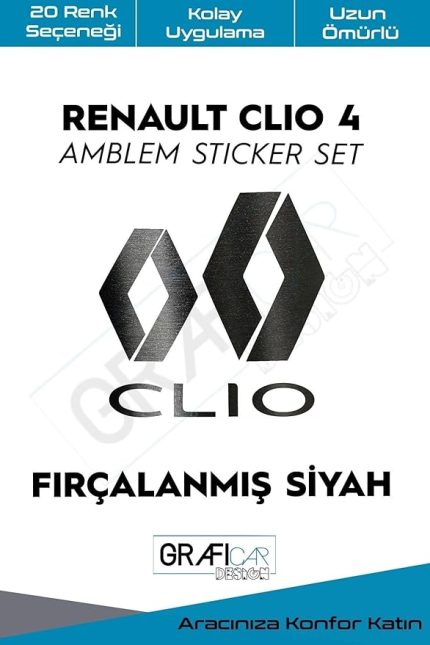 Design Renault Clio ile Uyumlu 4 Amblem Kaplama Sticker Set, Fırçalanmış Füme