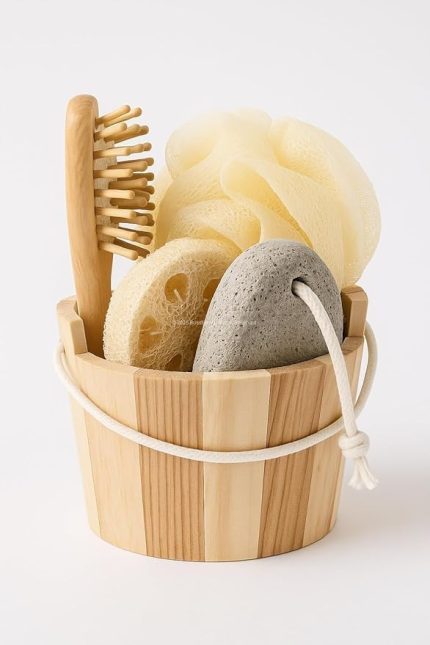 Rustik Ahşap Kovada Banyo Seti, Yumuşak Köpüren Lif, Doğal Kabak Lifi, Ponza Taşı ve Ahşap Masaj Tarağı, Cilt Bakımı ve Duş Keyfi İçin Spa Bakım Seti