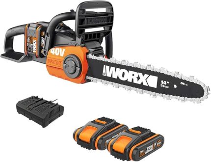 40 V akülü zincirli testere WG384E, 2 x 2,0 Ah, Powershare, fırçasız motor, aletsiz zincir germe sistemi, hızlı durdurma zincir freni, çift şarj cihazı, 35 cm çubuk uzunluğu, 2 x 18 V