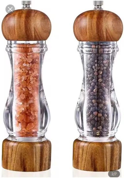 Home 2 Adet Ahşap Kapaklı Bambu ve Akasya Ağacı Şeffaf Akrilik Tuz ve Karabiber Baharat Öğütücü – Doğal Ahşap Tasarımıyla Şık ve Dayanıklı, Ayarlanabilir Seramik Değirmen (Akasya Ağacı, 19 Cm)