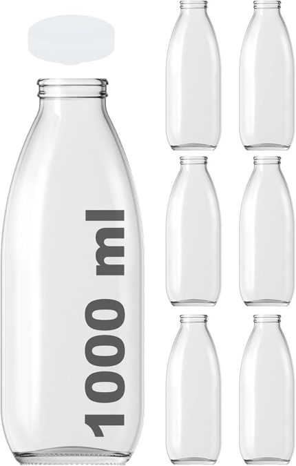 Süt Ayran Şişesi Şeffaf 1000 ml Plastik Kapaklı Boş Cam Şişe 6 Adet