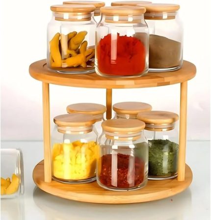 360° Döner 2 Katlı Baharatlık Düzenleyici – Doğal Ahşap, Çok Katlı Mutfak Organizer, Tezgah ve Dolap İçin Pratik Saklama Standı
